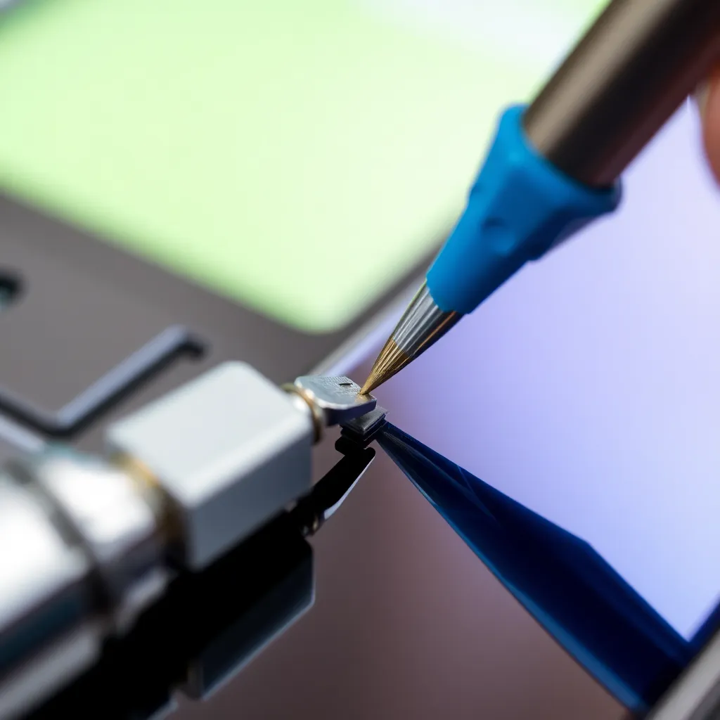 Close-up of hand repairing smartphone camera with tools on table