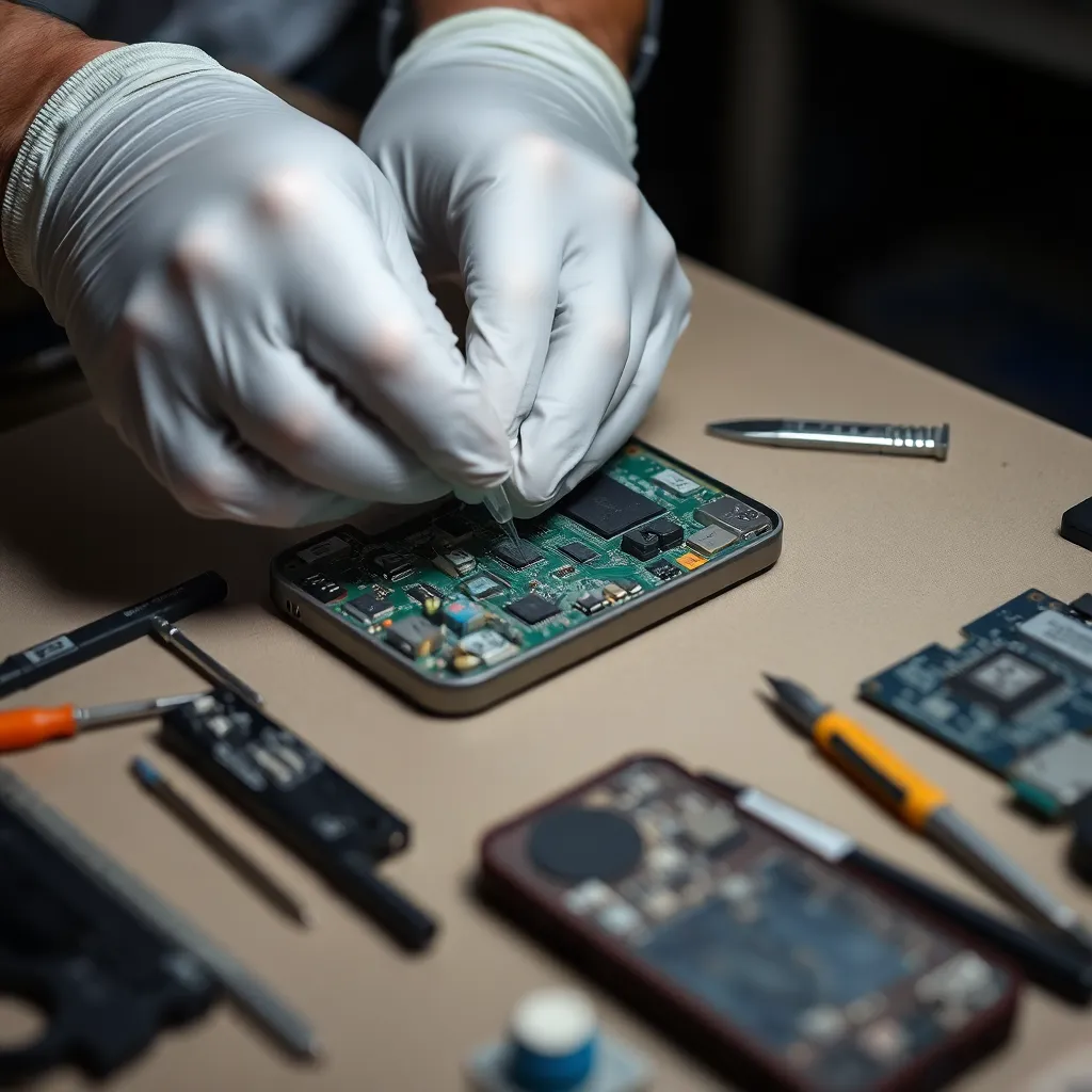 Person wearing gloves repairing a phone circuit board with tools and phone parts on a table