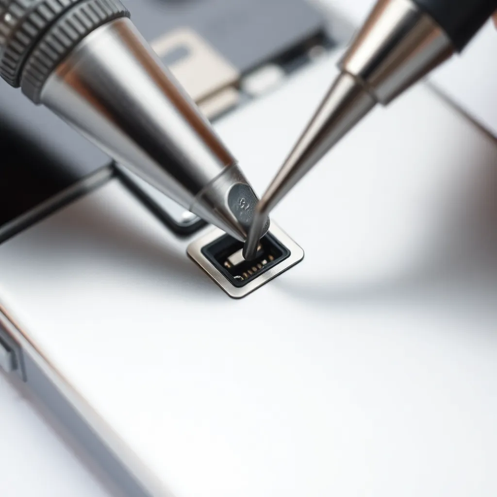 Close-up of hand repairing smartphone camera with tools on table