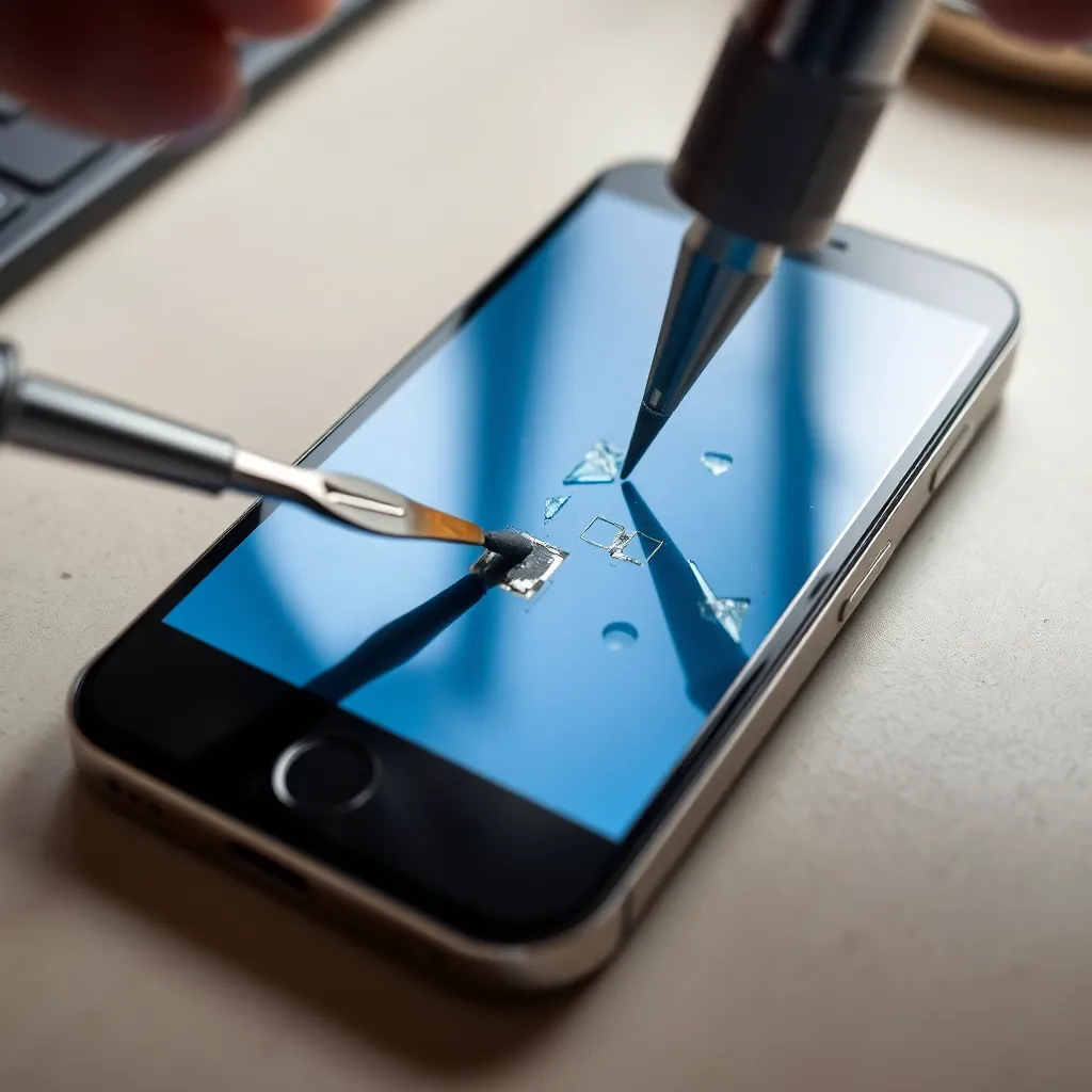 Close-up of hand repairing smartphone camera with tools on table