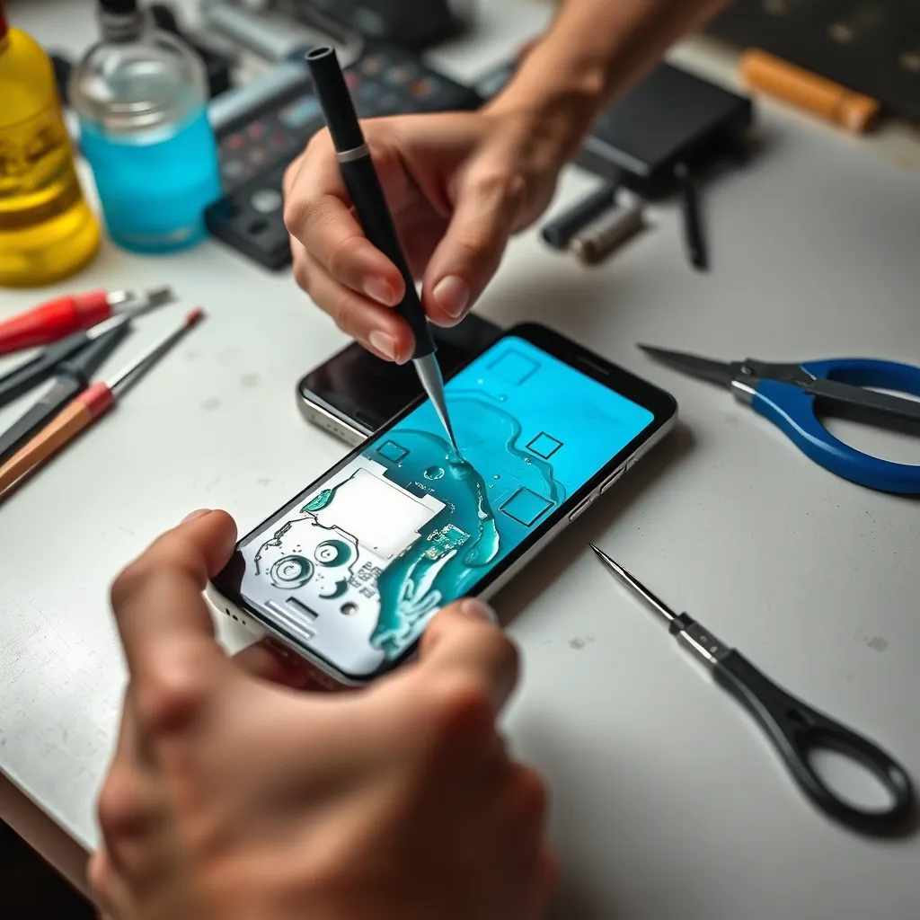 Hand repairing water-damaged smartphone with tools on table